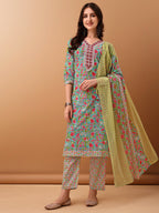 Embroidered & Floral Printed Kurta With Pant & Dupatta, Green - Hiral Fashion | Grocsy