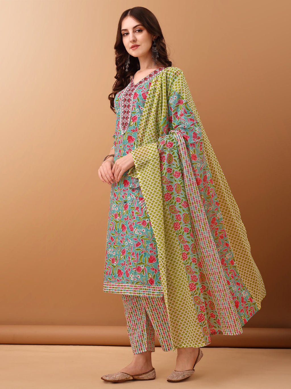 Embroidered & Floral Printed Kurta With Pant & Dupatta, Green - Hiral Fashion | Grocsy