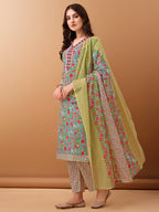 Embroidered & Floral Printed Kurta With Pant & Dupatta, Green - Hiral Fashion | Grocsy