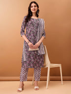 Mirror Embroidered & Floral Printed Kurta With Pant & Dupatta, Lavender - Hiral Fashion | Grocsy