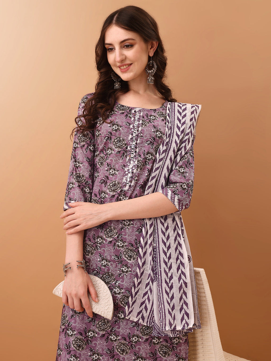 Mirror Embroidered & Floral Printed Kurta With Pant & Dupatta, Lavender - Hiral Fashion | Grocsy