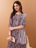 Mirror Embroidered & Floral Printed Kurta With Pant & Dupatta, Lavender - Hiral Fashion | Grocsy
