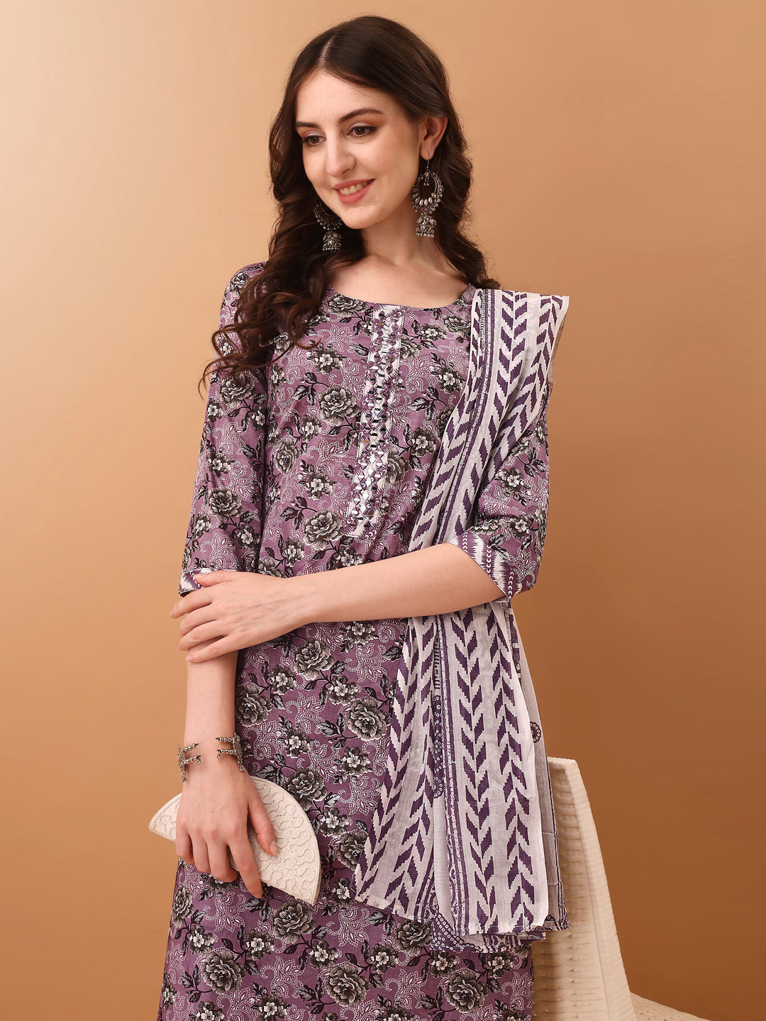 Mirror Embroidered & Floral Printed Kurta With Pant & Dupatta, Lavender - Hiral Fashion | Grocsy