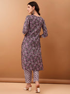 Mirror Embroidered & Floral Printed Kurta With Pant & Dupatta, Lavender - Hiral Fashion | Grocsy