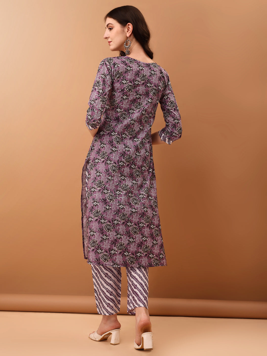 Mirror Embroidered & Floral Printed Kurta With Pant & Dupatta, Lavender - Hiral Fashion | Grocsy