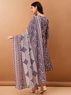 Mirror Embroidered & Floral Printed Kurta With Pant & Dupatta, Lavender - Hiral Fashion | Grocsy