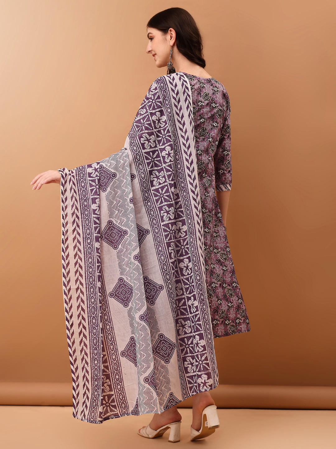 Mirror Embroidered & Floral Printed Kurta With Pant & Dupatta, Lavender - Hiral Fashion | Grocsy