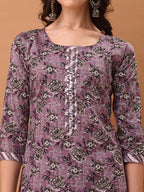 Mirror Embroidered & Floral Printed Kurta With Pant & Dupatta, Lavender - Hiral Fashion | Grocsy