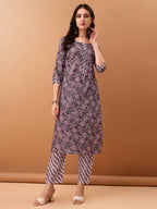 Mirror Embroidered & Floral Printed Kurta With Pant & Dupatta, Lavender - Hiral Fashion | Grocsy