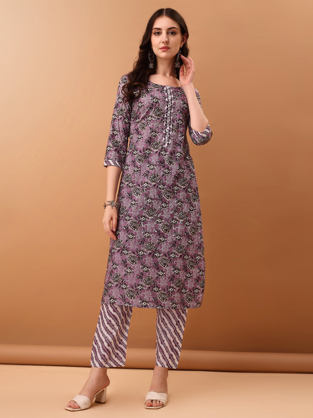 Mirror Embroidered & Floral Printed Kurta With Pant & Dupatta, Lavender - Hiral Fashion | Grocsy