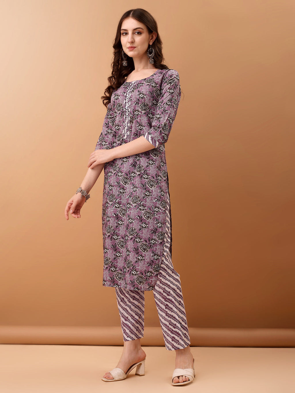 Mirror Embroidered & Floral Printed Kurta With Pant & Dupatta, Lavender - Hiral Fashion | Grocsy