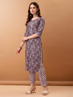 Mirror Embroidered & Floral Printed Kurta With Pant & Dupatta, Lavender - Hiral Fashion | Grocsy