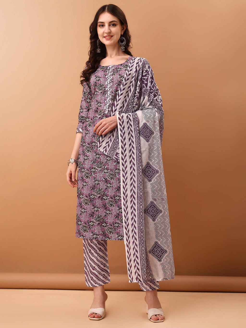 Mirror Embroidered & Floral Printed Kurta With Pant & Dupatta, Lavender - Hiral Fashion | Grocsy