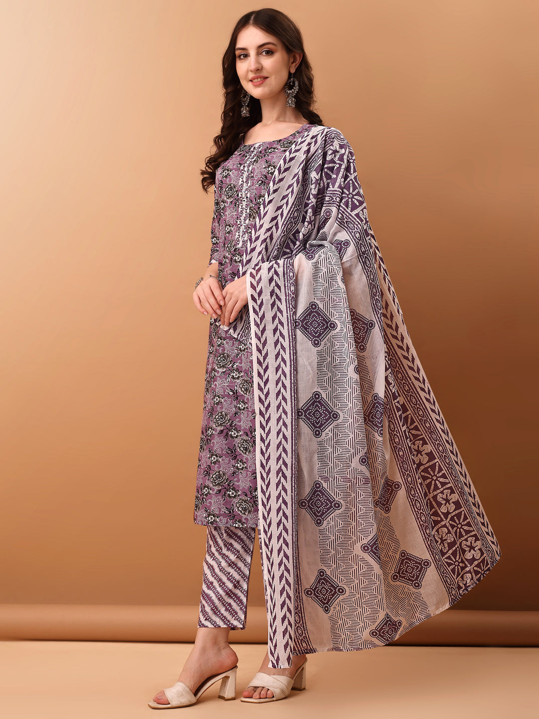 Mirror Embroidered & Floral Printed Kurta With Pant & Dupatta, Lavender - Hiral Fashion | Grocsy