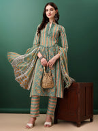 Nyra Cut Embroidered & Printed With Lace Detailing Kurta With Pant & Dupatta, Green - Hiral Fashion | Grocsy