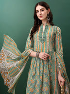 Nyra Cut Embroidered & Printed With Lace Detailing Kurta With Pant & Dupatta, Green - Hiral Fashion | Grocsy