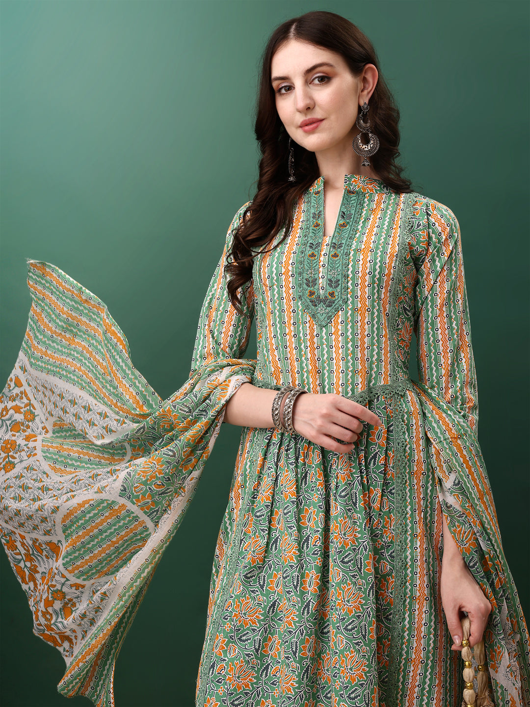 Nyra Cut Embroidered & Printed With Lace Detailing Kurta With Pant & Dupatta, Green - Hiral Fashion | Grocsy