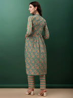 Nyra Cut Embroidered & Printed With Lace Detailing Kurta With Pant & Dupatta, Green - Hiral Fashion | Grocsy