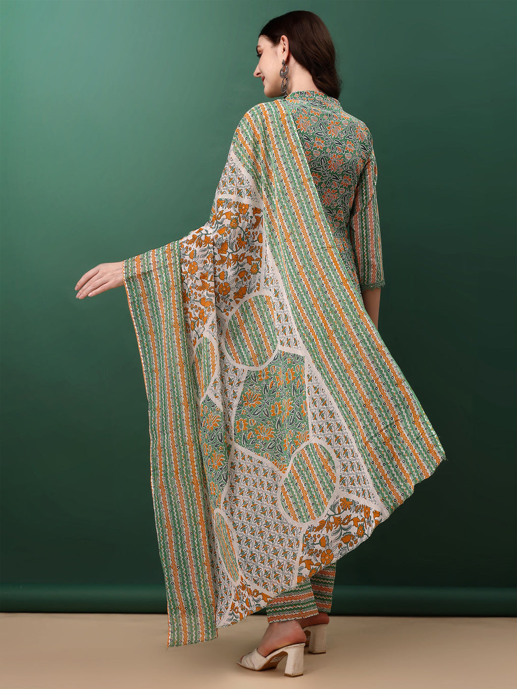 Nyra Cut Embroidered & Printed With Lace Detailing Kurta With Pant & Dupatta, Green - Hiral Fashion | Grocsy
