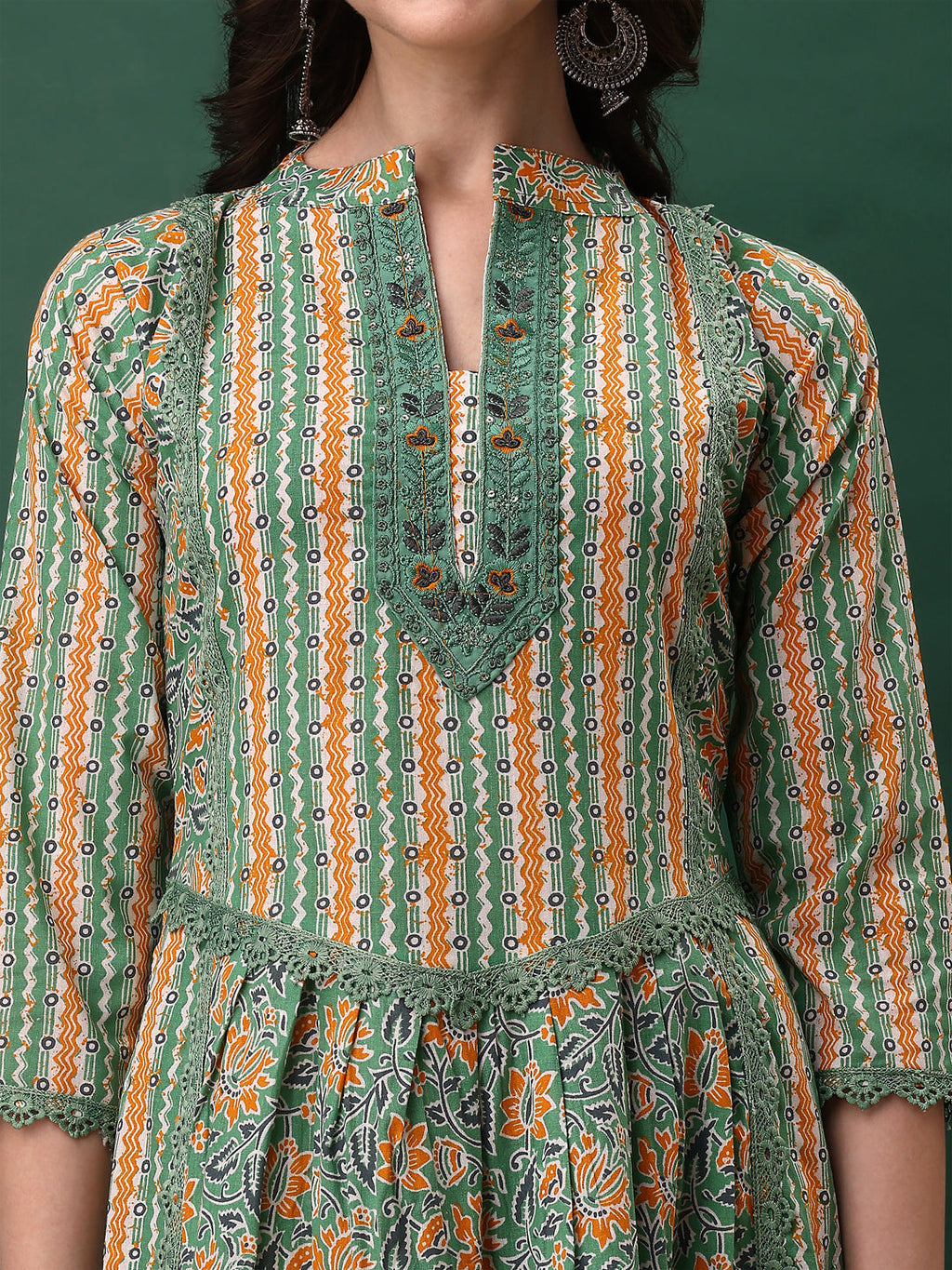 Nyra Cut Embroidered & Printed With Lace Detailing Kurta With Pant & Dupatta, Green - Hiral Fashion | Grocsy
