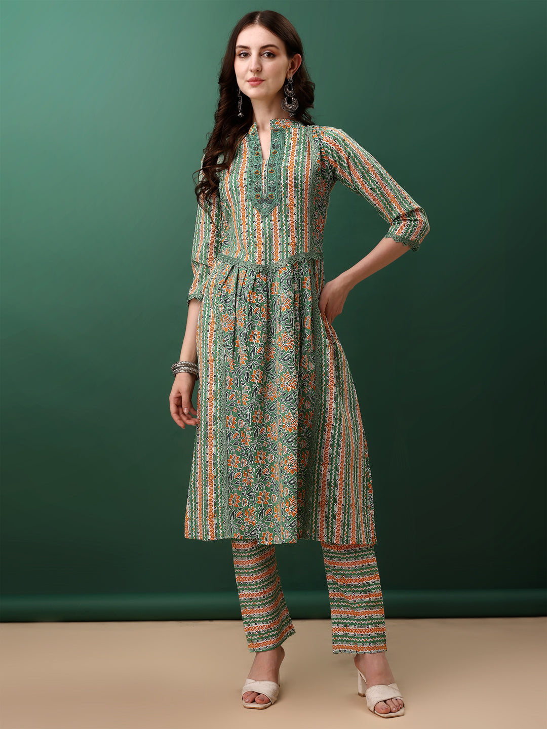 Nyra Cut Embroidered & Printed With Lace Detailing Kurta With Pant & Dupatta, Green - Hiral Fashion | Grocsy