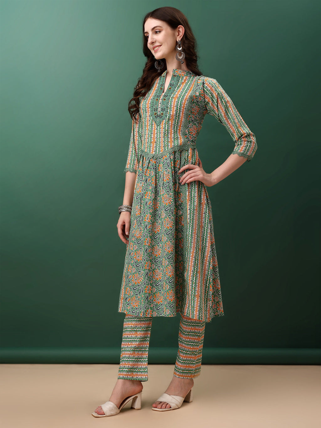 Nyra Cut Embroidered & Printed With Lace Detailing Kurta With Pant & Dupatta, Green - Hiral Fashion | Grocsy
