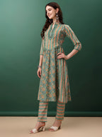Nyra Cut Embroidered & Printed With Lace Detailing Kurta With Pant & Dupatta, Green - Hiral Fashion | Grocsy