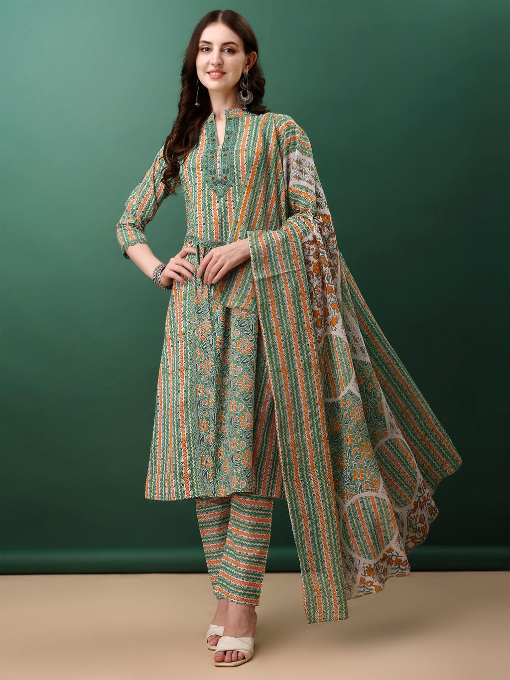 Nyra Cut Embroidered & Printed With Lace Detailing Kurta With Pant & Dupatta, Green - Hiral Fashion | Grocsy