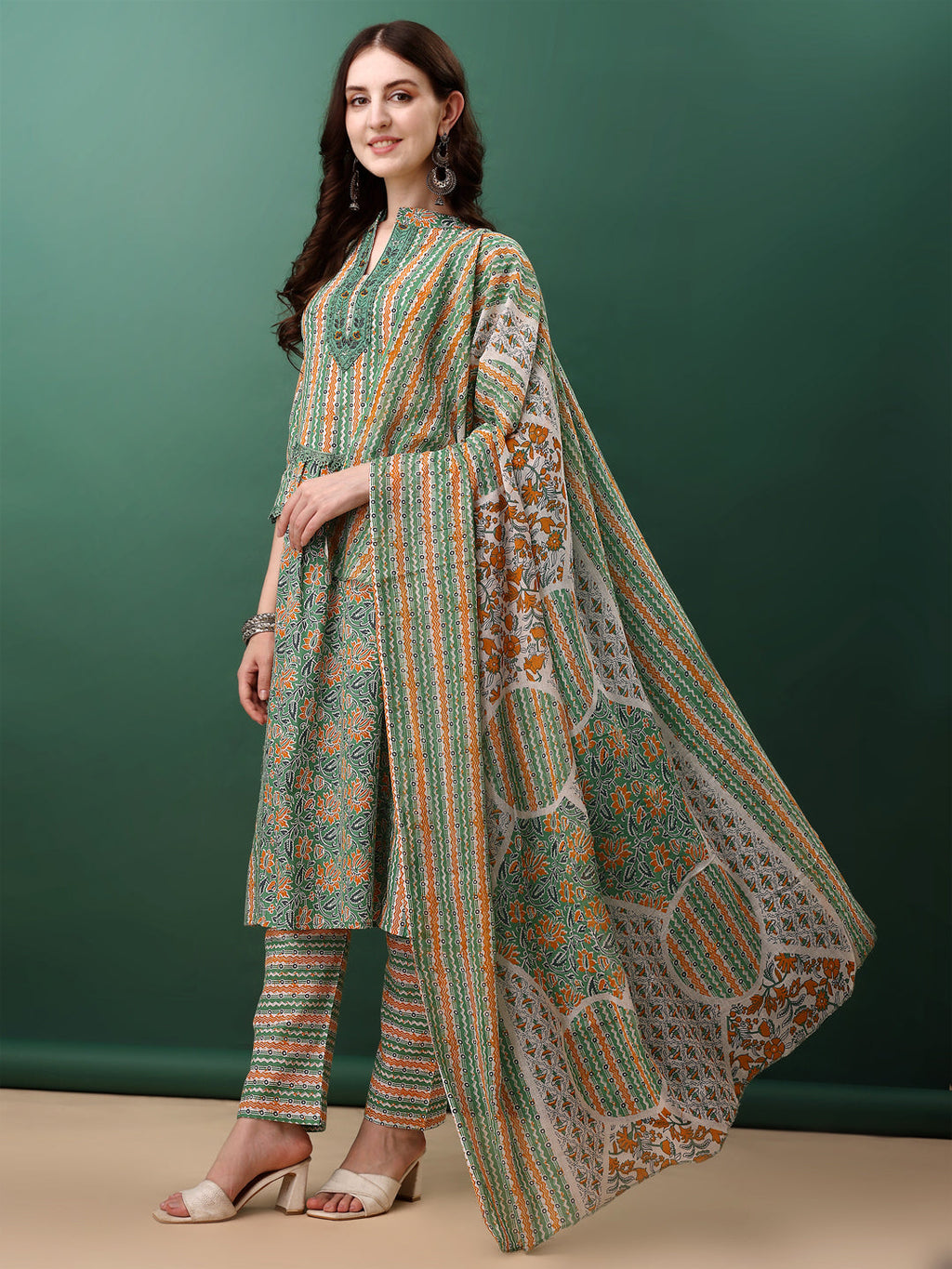 Nyra Cut Embroidered & Printed With Lace Detailing Kurta With Pant & Dupatta, Green - Hiral Fashion | Grocsy