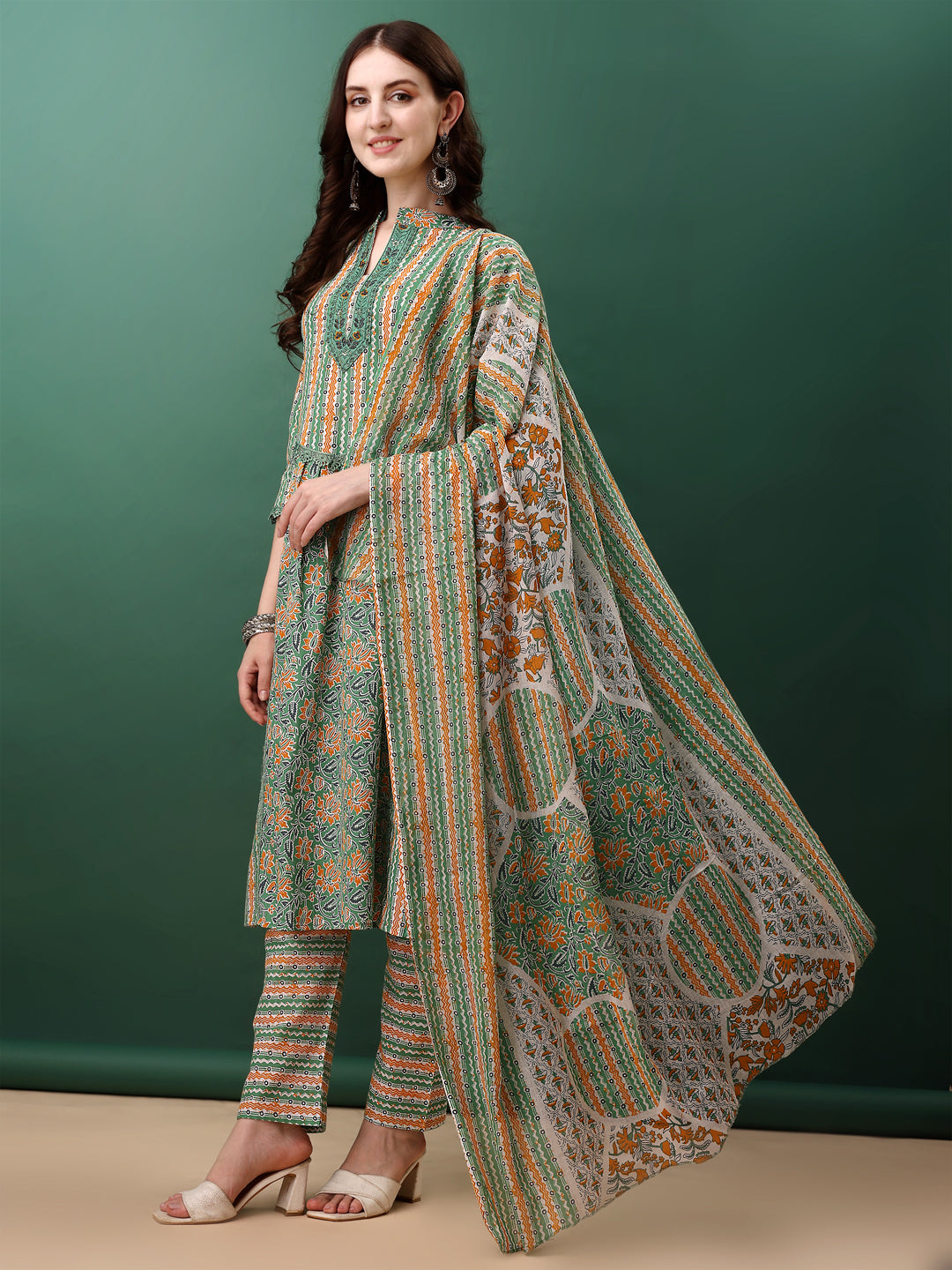 Nyra Cut Embroidered & Printed With Lace Detailing Kurta With Pant & Dupatta, Green - Hiral Fashion | Grocsy
