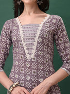 Ethnic Motifs Printed Kurta With Lace Detailing And Pant & Dupatta, Lavender - Hiral Fashion | Grocsy