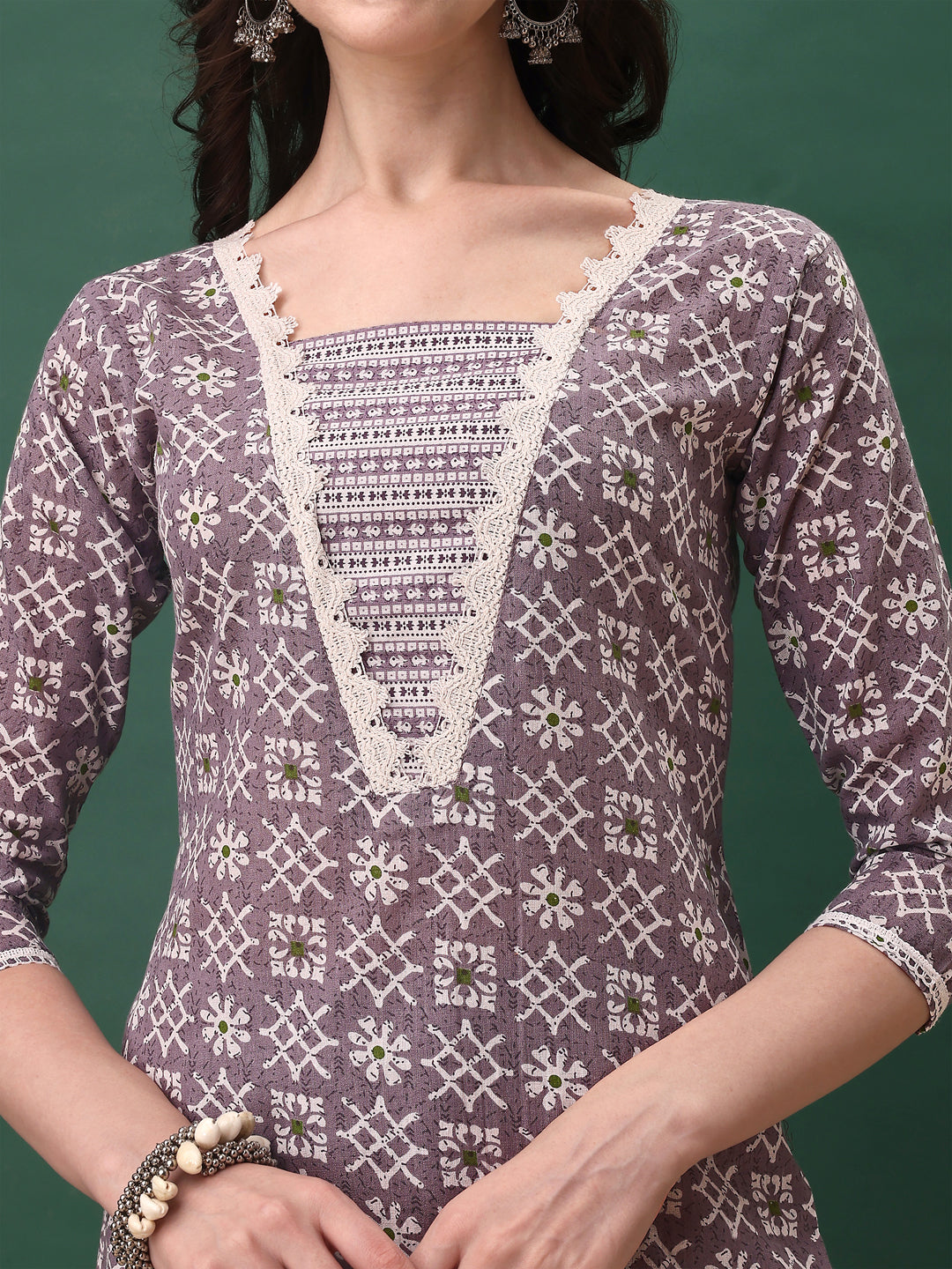 Ethnic Motifs Printed Kurta With Lace Detailing And Pant & Dupatta, Lavender - Hiral Fashion | Grocsy
