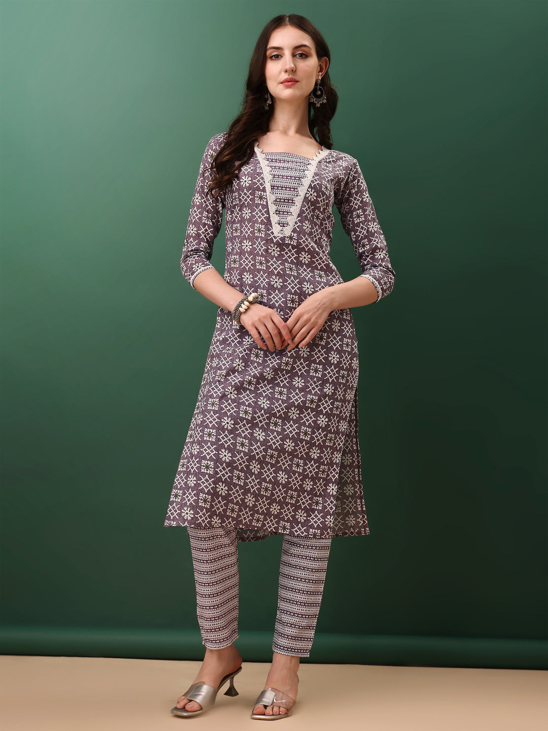 Ethnic Motifs Printed Kurta With Lace Detailing And Pant & Dupatta, Lavender - Hiral Fashion | Grocsy