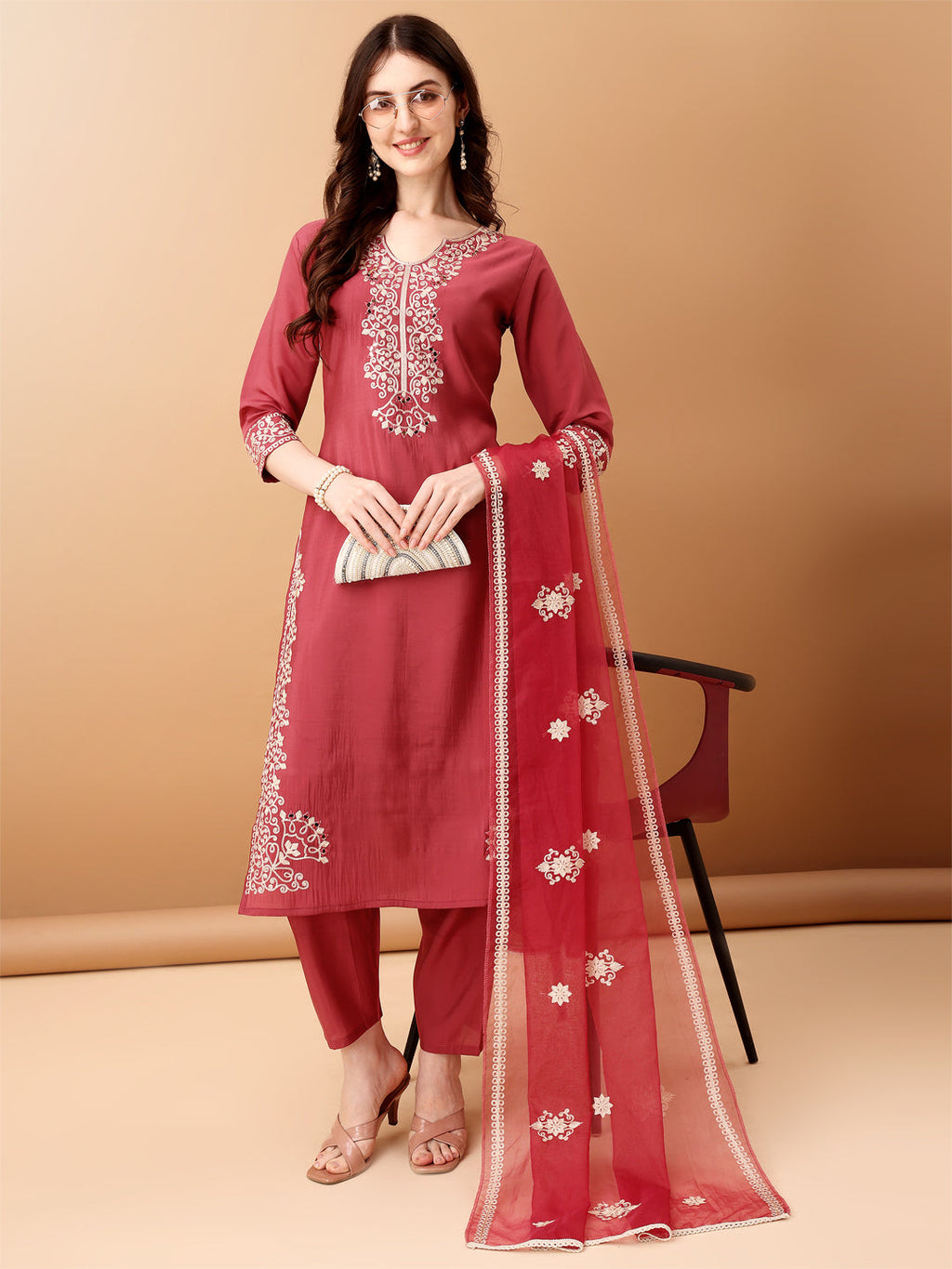 Embroidered Kurta With Pant & Embroidered Dupatta, Pink - Hiral Fashion | Grocsy