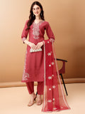 Embroidered Kurta With Pant & Embroidered Dupatta, Pink - Hiral Fashion | Grocsy
