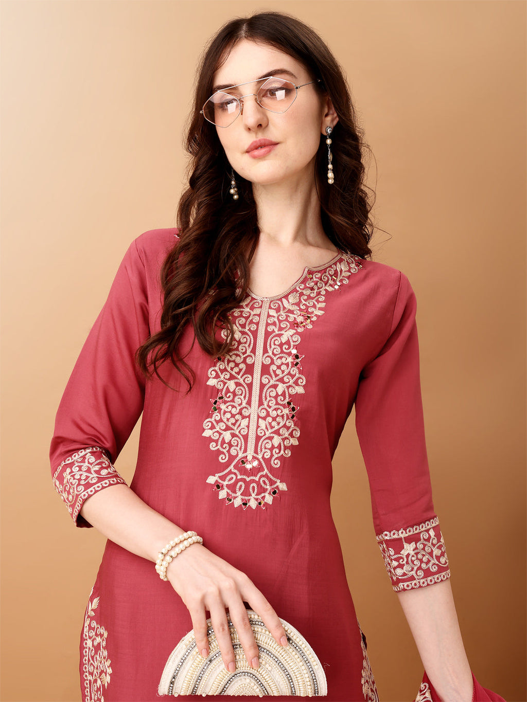 Embroidered Kurta With Pant & Embroidered Dupatta, Pink - Hiral Fashion | Grocsy