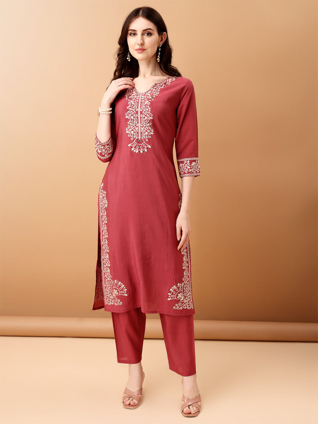 Embroidered Kurta With Pant & Embroidered Dupatta, Pink - Hiral Fashion | Grocsy