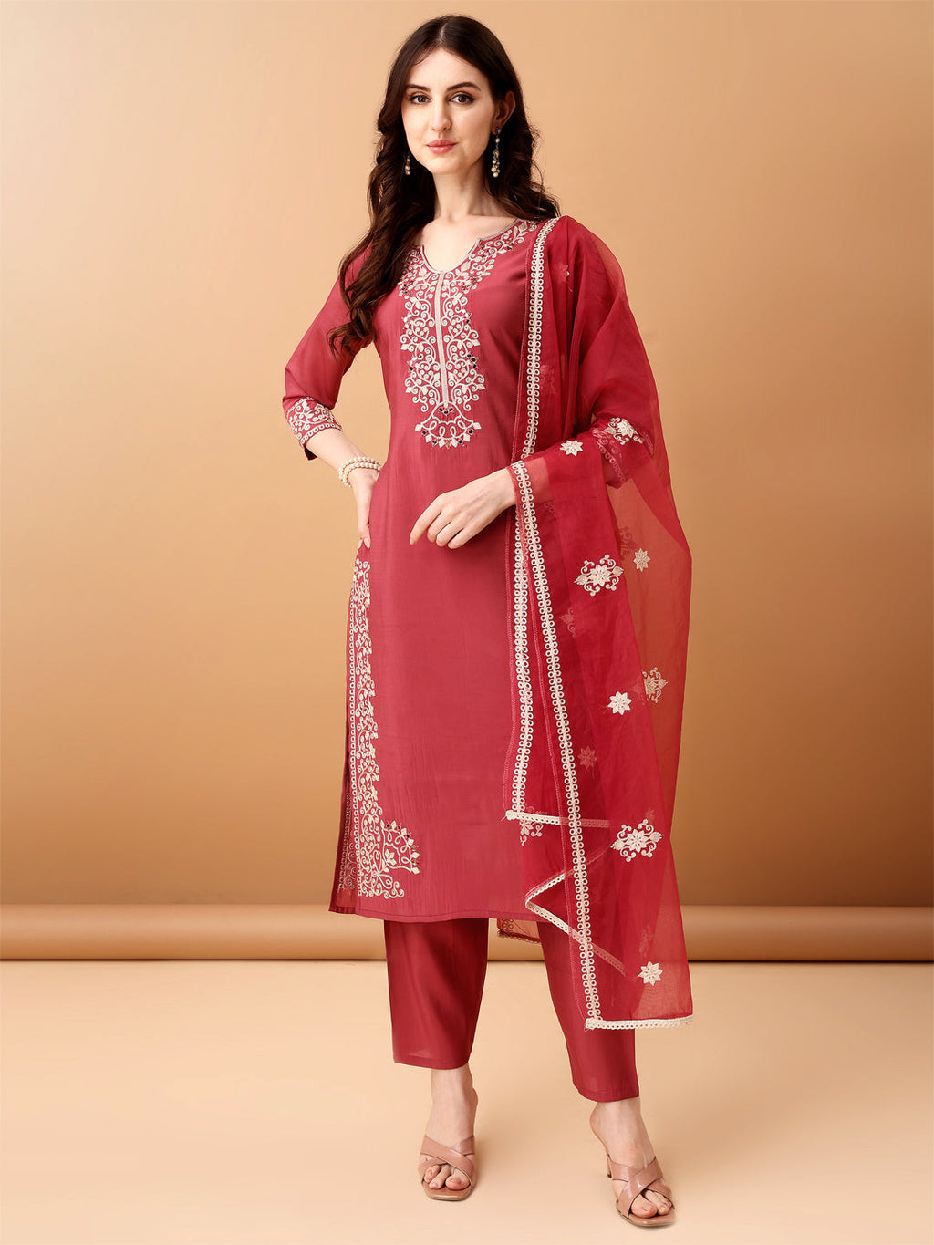 Embroidered Kurta With Pant & Embroidered Dupatta, Pink - Hiral Fashion | Grocsy