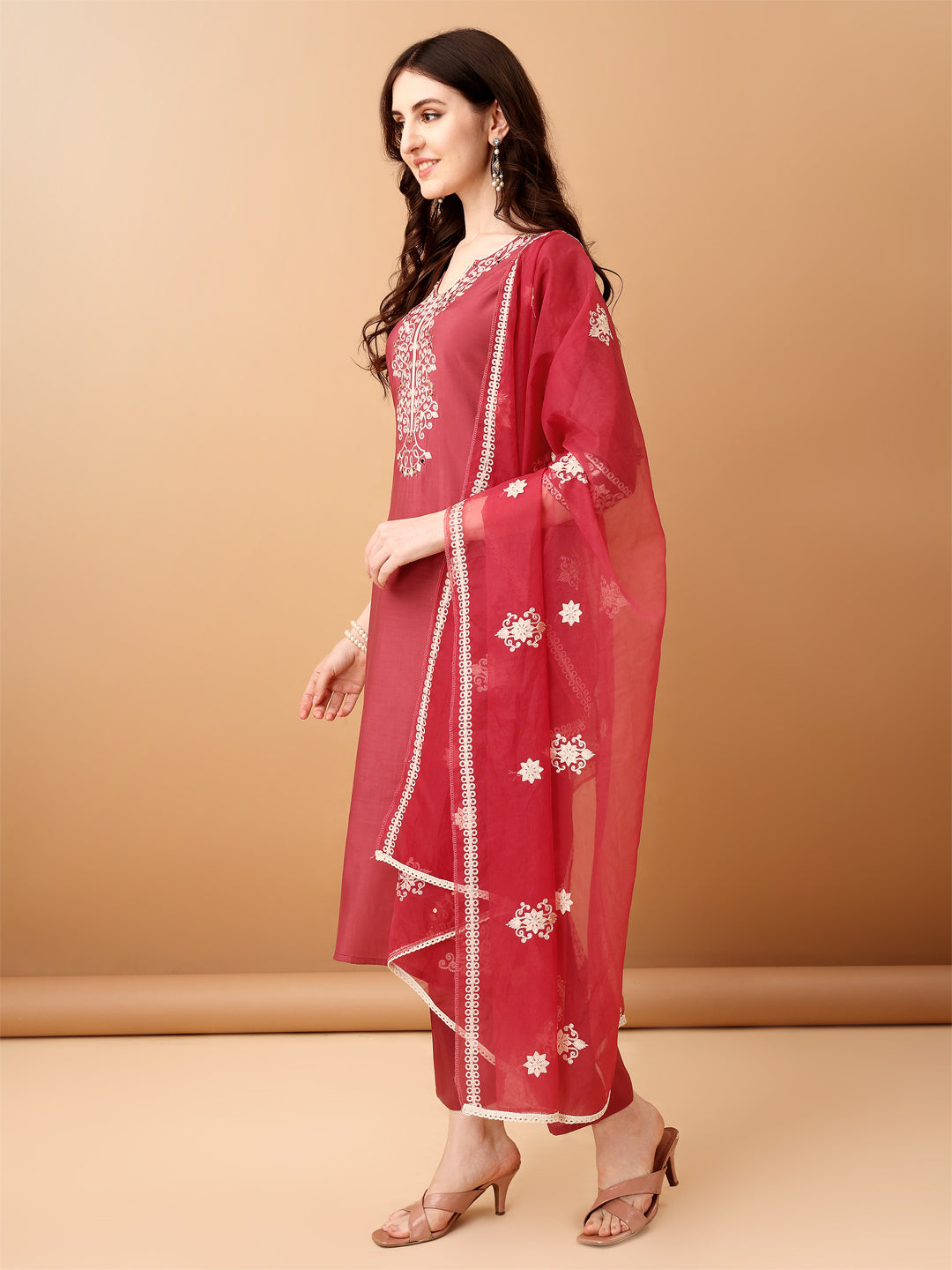 Embroidered Kurta With Pant & Embroidered Dupatta, Pink - Hiral Fashion | Grocsy