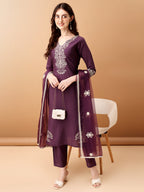 Embroidered Kurta With Pant & Embroidered Dupatta, Purple - Hiral Fashion | Grocsy