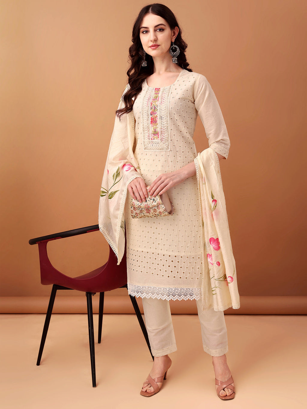 Schiffli & Embroidered Kurta With Pant & Dupatta, Cream - Hiral Fashion | Grocsy