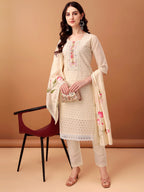 Schiffli & Embroidered Kurta With Pant & Dupatta, Cream - Hiral Fashion | Grocsy
