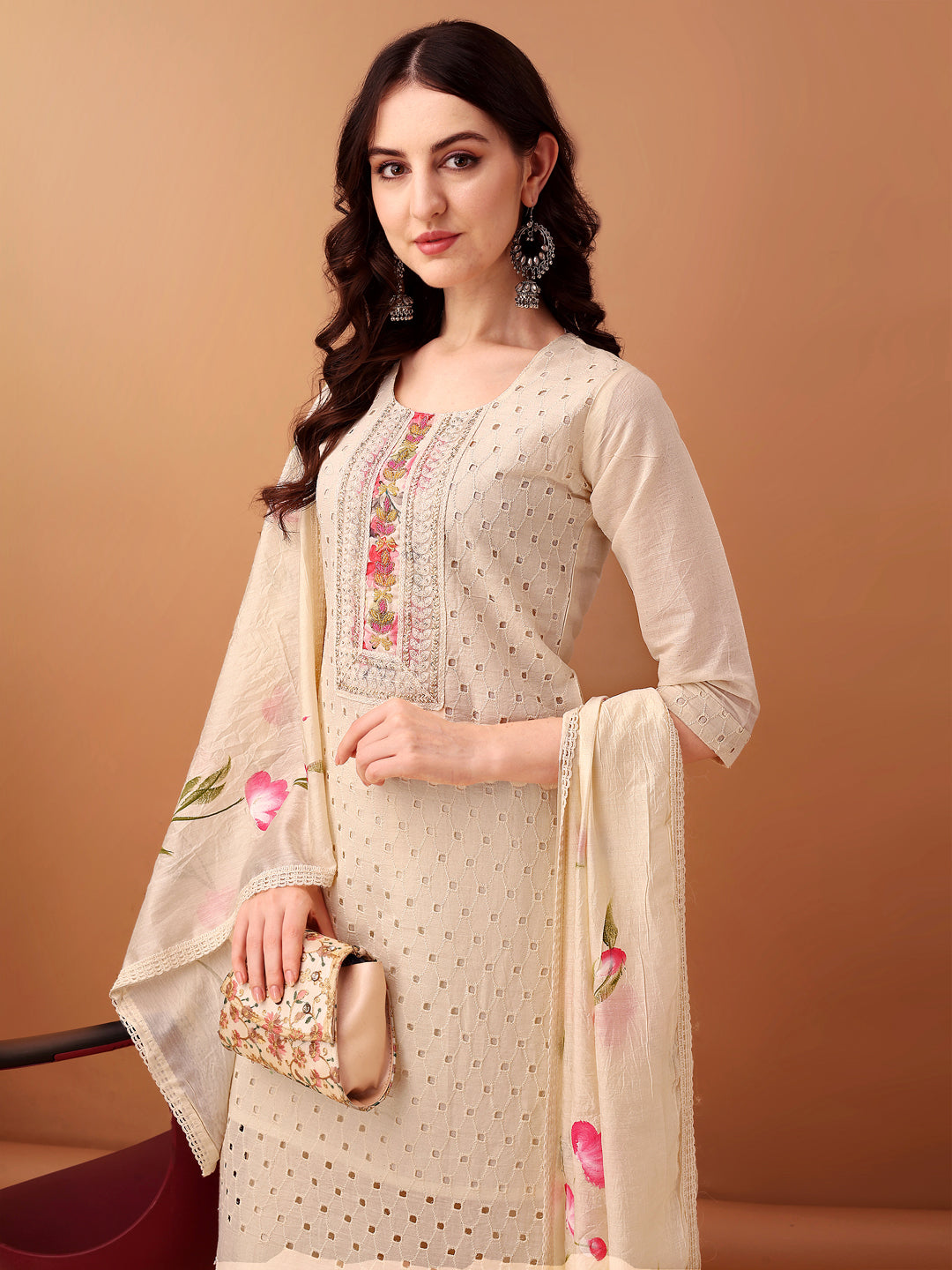 Schiffli & Embroidered Kurta With Pant & Dupatta, Cream - Hiral Fashion | Grocsy