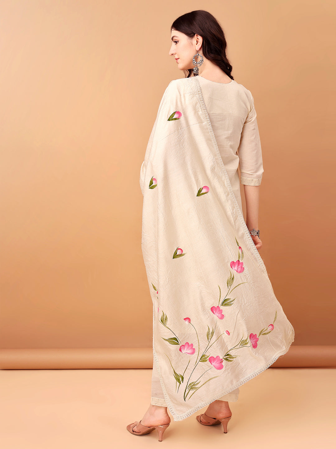 Schiffli & Embroidered Kurta With Pant & Dupatta, Cream - Hiral Fashion | Grocsy