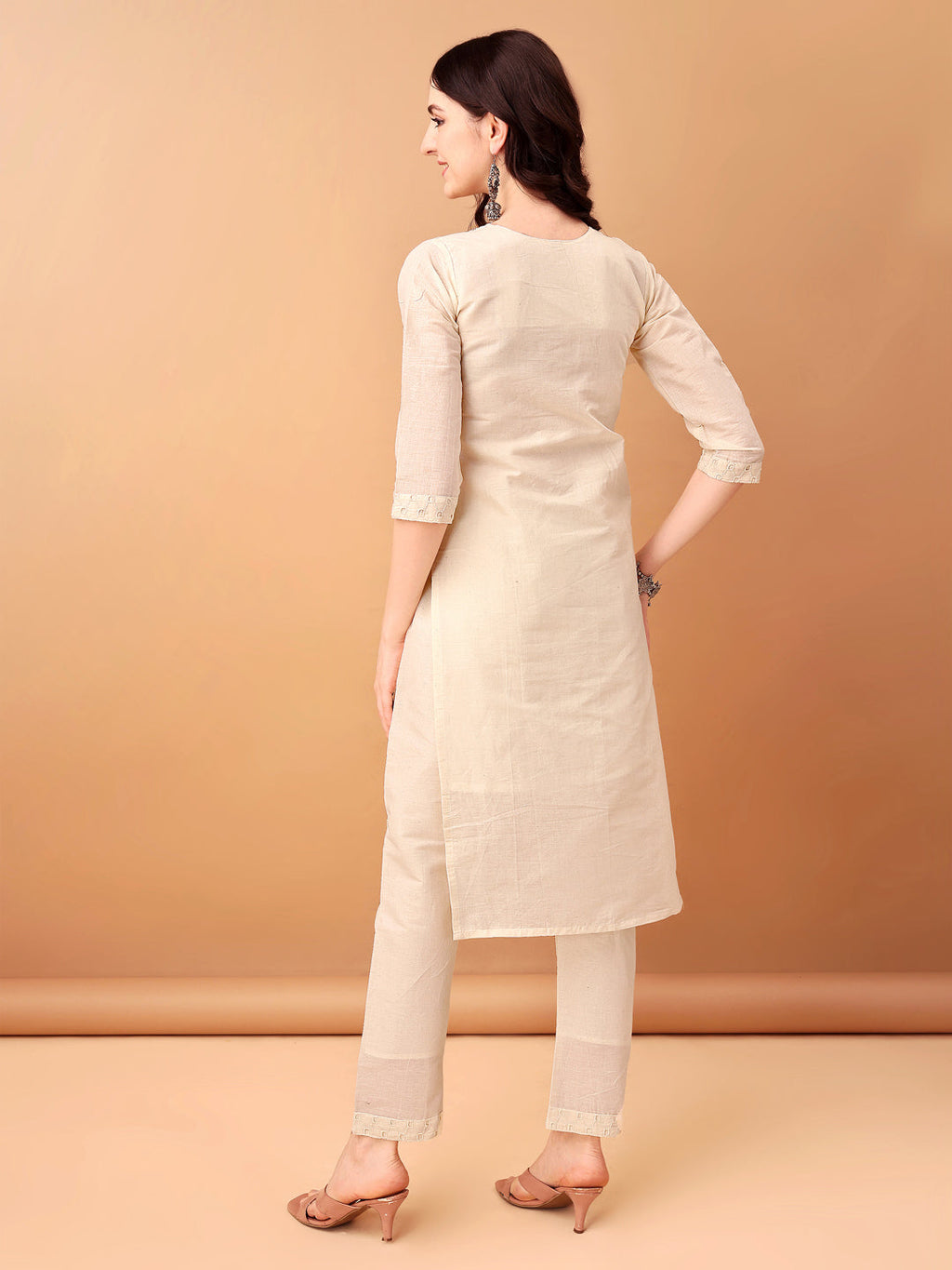 Schiffli & Embroidered Kurta With Pant & Dupatta, Cream - Hiral Fashion | Grocsy