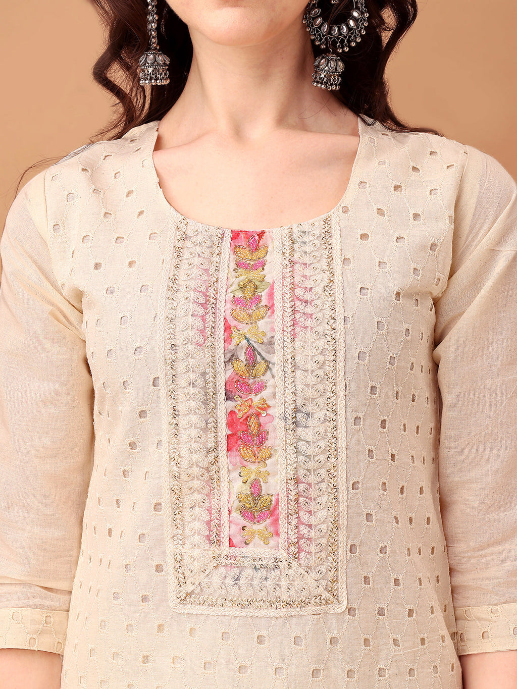 Schiffli & Embroidered Kurta With Pant & Dupatta, Cream - Hiral Fashion | Grocsy