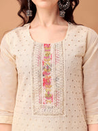 Schiffli & Embroidered Kurta With Pant & Dupatta, Cream - Hiral Fashion | Grocsy