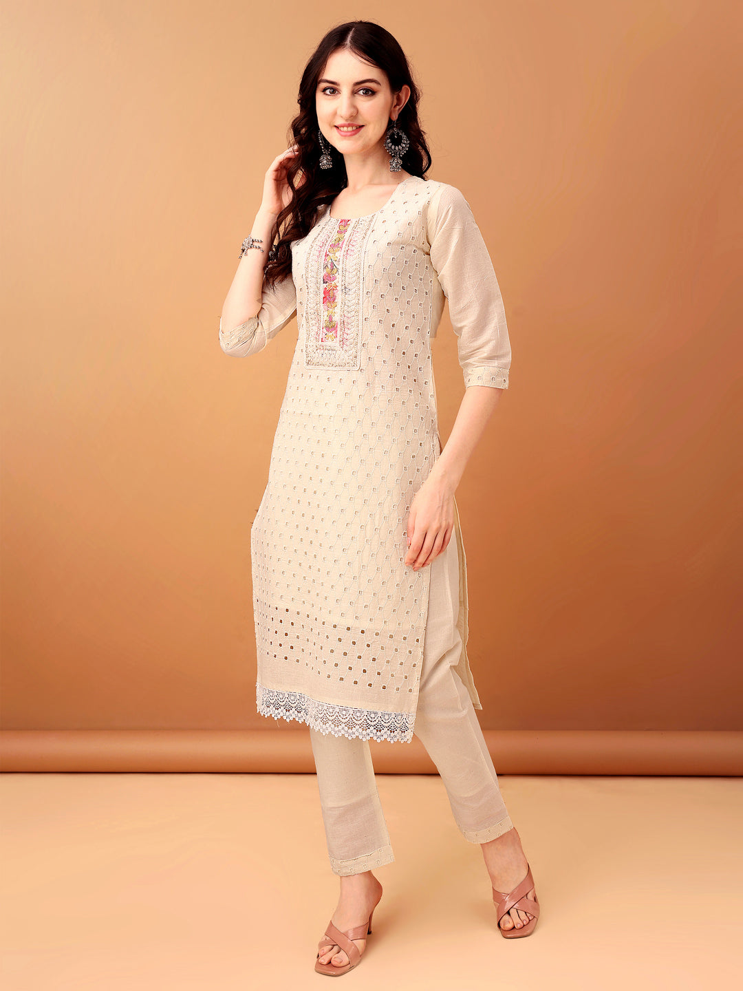 Schiffli & Embroidered Kurta With Pant & Dupatta, Cream - Hiral Fashion | Grocsy