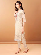 Schiffli & Embroidered Kurta With Pant & Dupatta, Cream - Hiral Fashion | Grocsy