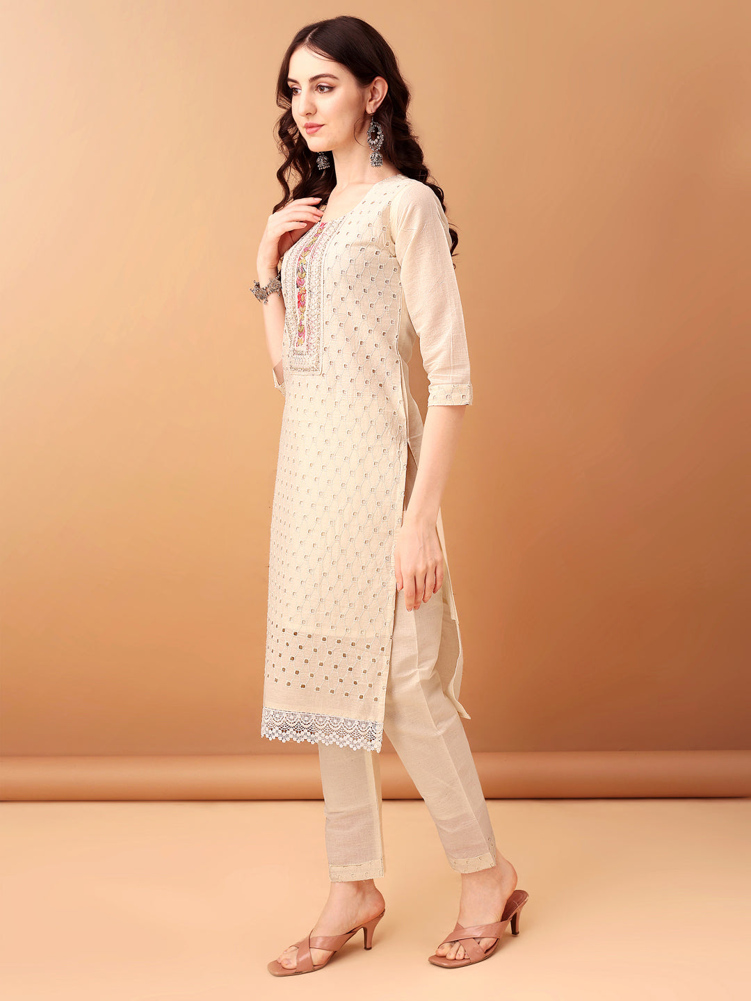 Schiffli & Embroidered Kurta With Pant & Dupatta, Cream - Hiral Fashion | Grocsy